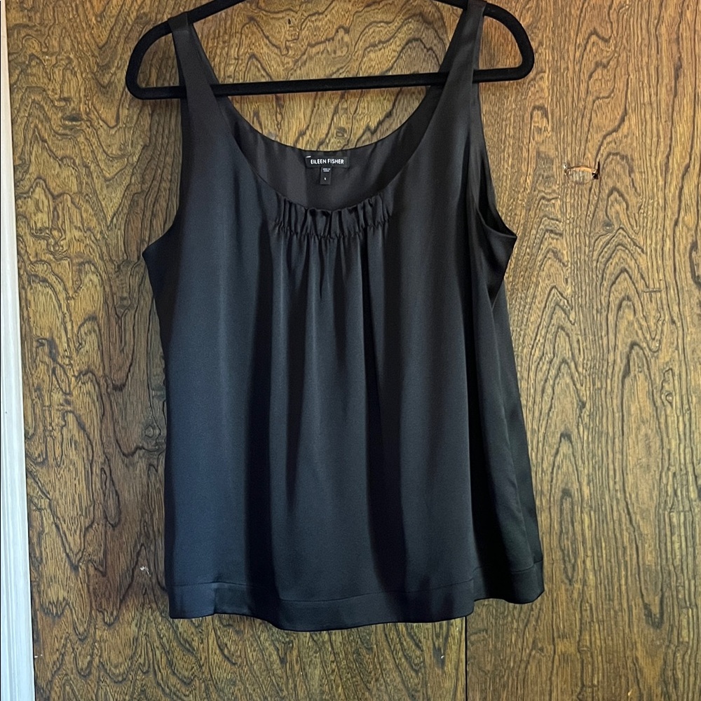 Eileen Fisher Black Silk Scoop Neck Camisole with gathering details at neckline